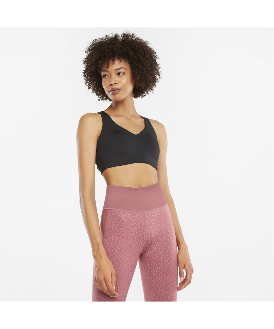 PRODUCT STORY The High Impact to the Max Bra was built for peak performance. Run or train, this sweat-wicking strappy bra is made of buttery soft ellaVATE fabric. You get a breathable spacer knit lined with padding for extra coverage and bonded finishes for a comfortable wear. FEATURES & BENEFITS DRY: Highly functional dryCELL materials draw moisture away from the skin to keep you dry and comfortable.SUPPORT: High-impact support offers an easy, lightweight feel. DETAILS High-impact supportBonded seams for friction-free freedom of movementBreathable spacer knit fabric adds lightweight padding and coveragePUMA Cat Logo on back strap
