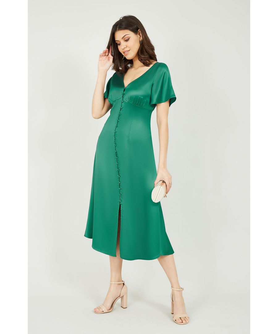 Image for Yumi Emerald Green Satin Button Down Midi Dress