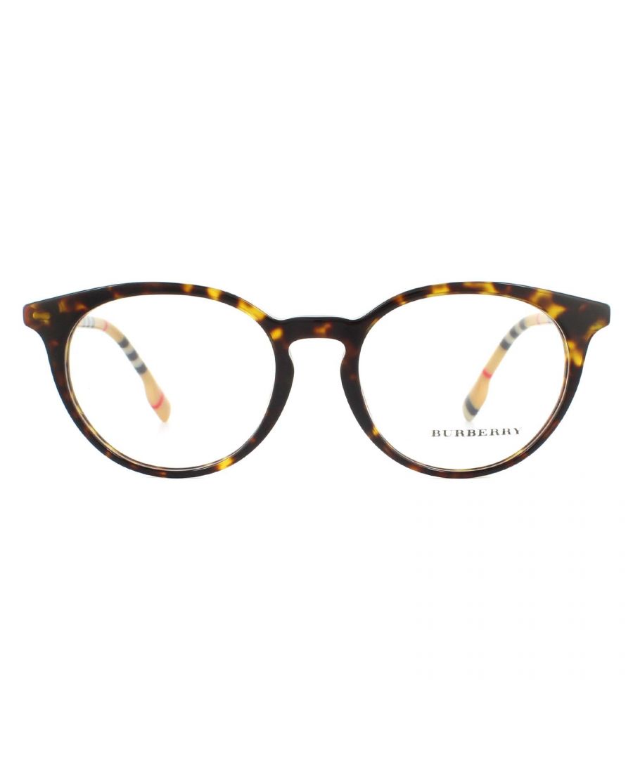 Burberry Glasses Frames BE2318 3854 Dark Havana Women  have a retro style round frame with a keyhole bridge and corner flicks. The iconic Burberry check pattern covers the thin temples for instant brand recognition.