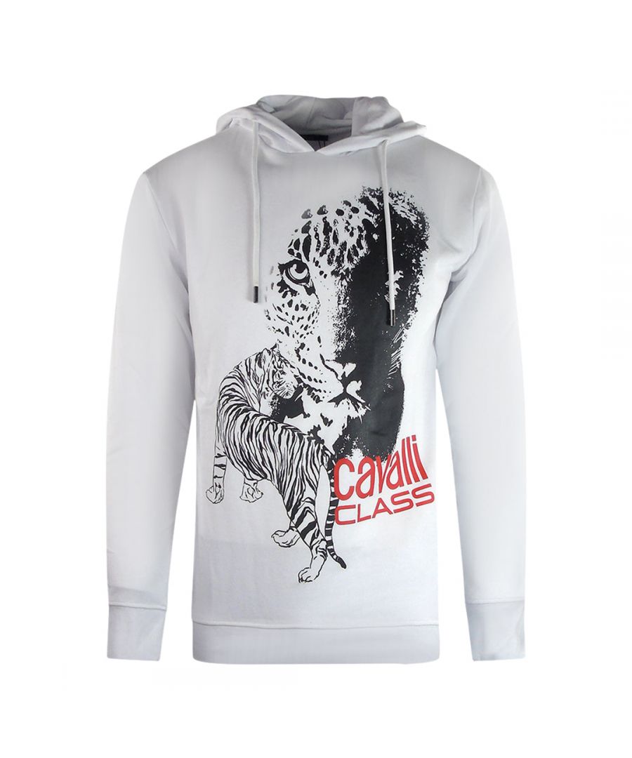 Cavalli Class Mens Large Tiger Logo White Hoodie Cotton - Size 2XL