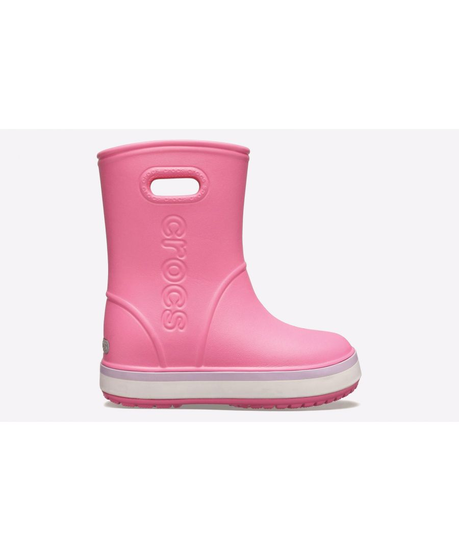 All the lightweight color and sporty Crocband style kids love is now available in a fun and functional rain boot. Oversized openings at the top make them easy for kids to put on and take off by themselves.\n- Reflective logo on the heel- Easy to clean and quick to dry- Iconic Crocs Comfort: Lightweight.- Flexible, 360-degree comfort.