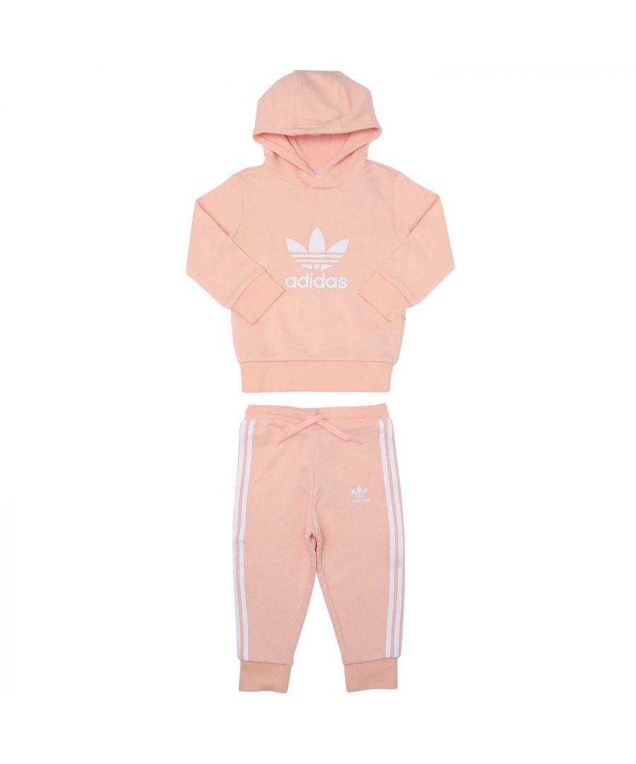 Baby adidas Originals Adicolor Hoodie Set in coral.- Top:- Lined hood.- Ribbed cuffs and hem.- Trefoil logo printed at front.- Regular fit.- Main material: 70% Cotton  30% Polyester (Recycled). Rib Part: 95% Cotton  5% Elastane. Hood Lining: 100% Cotton.- Pants:- Drawcord on elastic waist.- Ribbed cuffs.-Trefoil logo printed at left thigh.- Regular fit.- Main material: 70% Cotton  30% Polyester (Recycled). Rib Part: 95% Cotton  5% Elastane.- Ref: H25220B