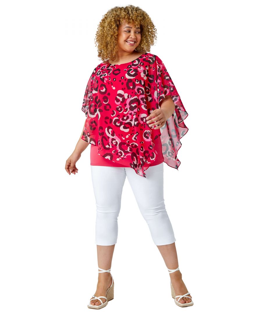 Roman Curve Womens Animal Print Overlay Top - Fuchsia - Size UK 30-32