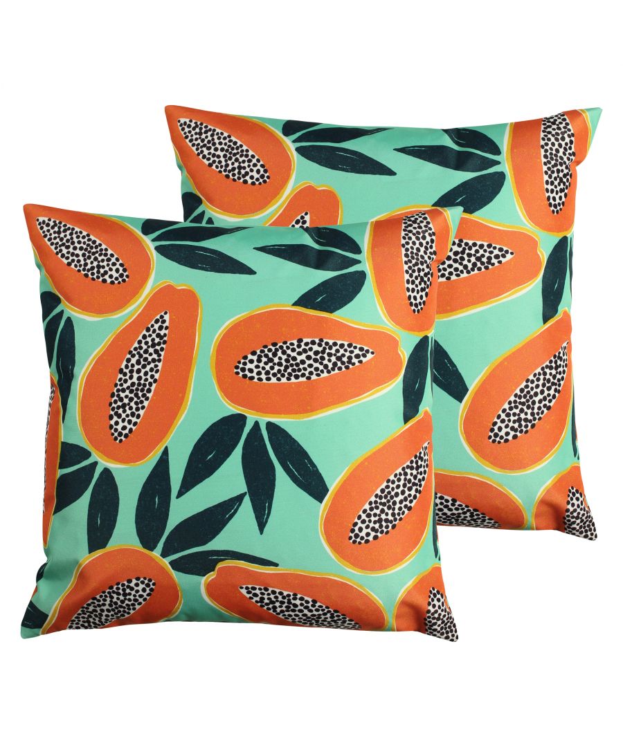 Amongst the green leaves, features a vibrant Papaya fruit print in bold oranges and tropical greens. Pop it in your outdoor space, it is sure to stand out.