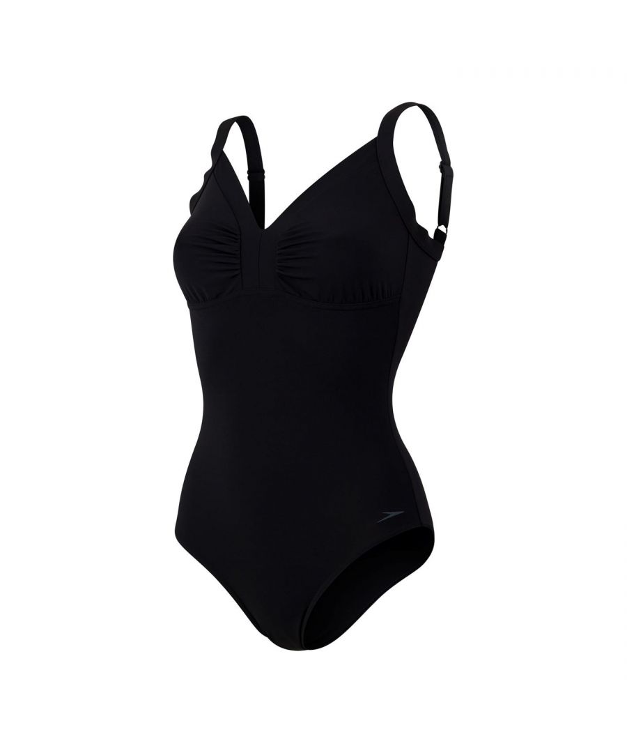 Speedo Watergem Swimsuit Womens - This Speedo Watergem Swimsuit is crafted with adjustable shoulder straps and a V neckline for a classic look. It features fltat lock seams to prevent chafing and is a lightweight construction. This swimsuit is a solid colouring throughout designed with a signature logo and is complete with Speedo branding.