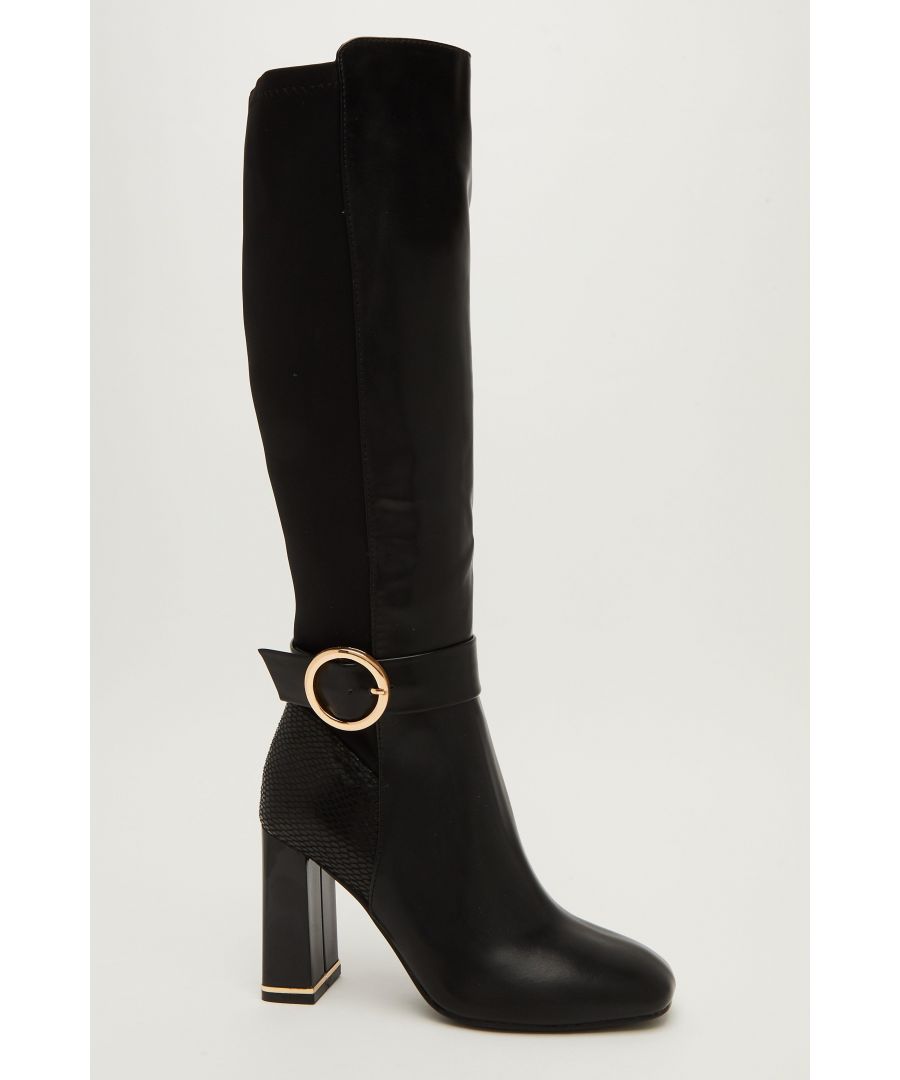 Image for Black Faux Leather Heeled Knee High Boot