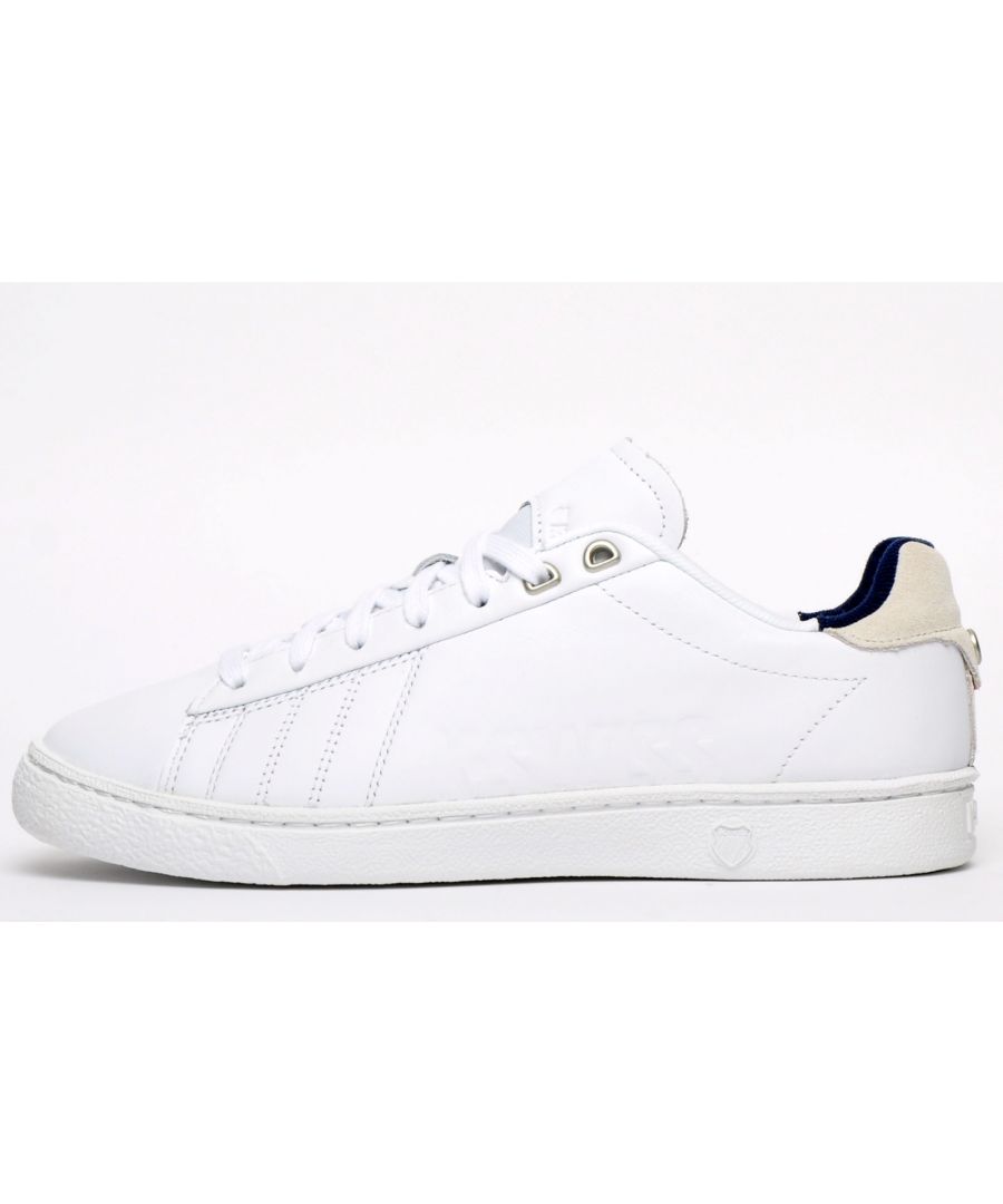 The Court 66 takes a classic trainer approach constructed in a luxe white leather with the brand's iconic 5-stripe design incorporated through a deco stitch pattern to the sides accompanied by asymmetrical debossed K-Swiss branding on the lateral side delivering a pristine designer look\n This Court 66 is finished off with a stitch welded rubber cupsole and premium metal logo detailing to the rear heel.\n - Leather upper\n - Intricate detailing delivers a designer look\n - Die-cut EVA Insert Midsole\n - Ortholite comfort insoles\n - Textile Collar Lining\n - Rubber Outsole\n - K Swiss branding