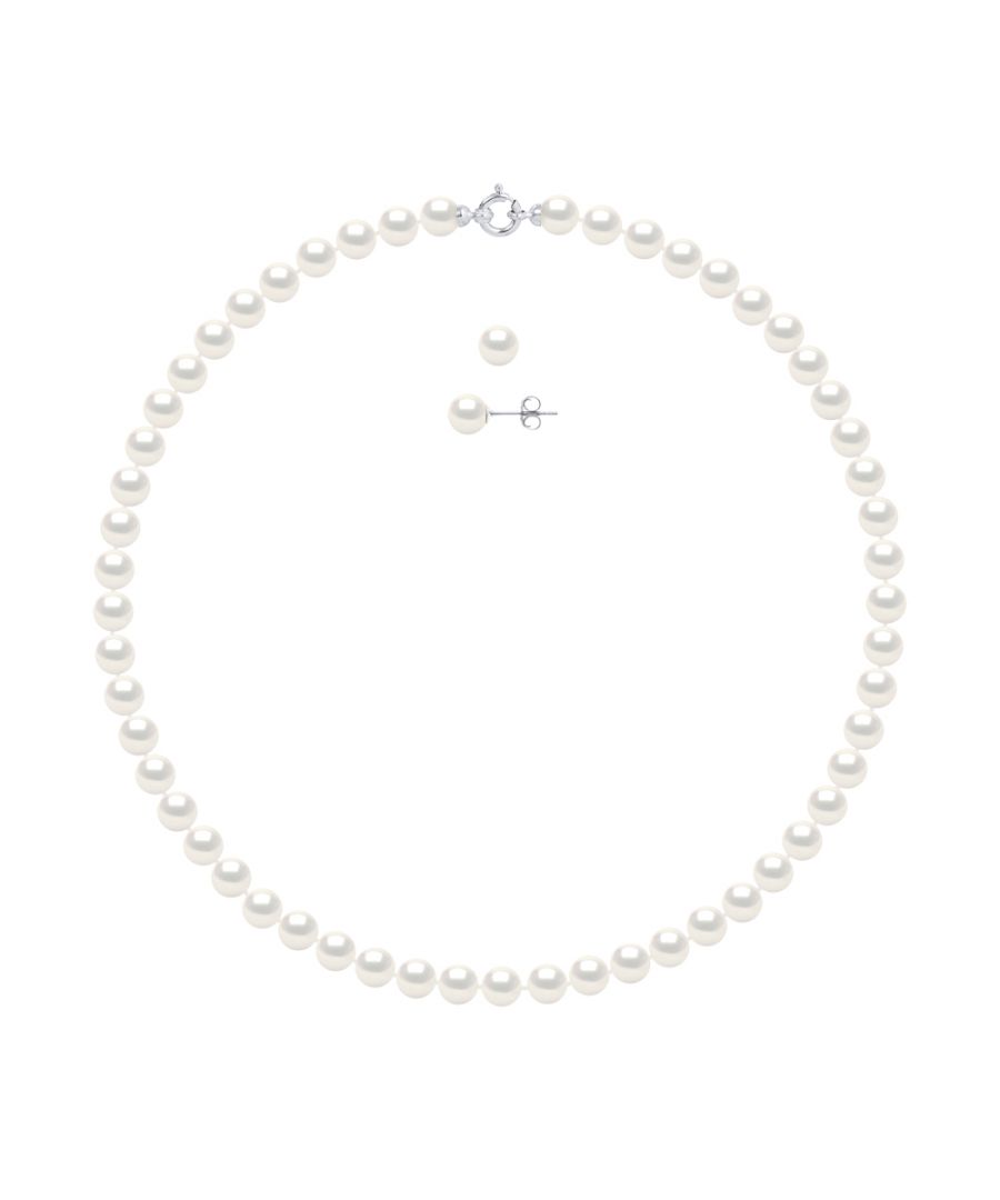 Set Necklace + Earrings of true Cultured Freshwater Pearls 7-8 mm - 0,31 in - Natural White Color Length 42 cm , 16,5 in ring clasp White Gold 375 7-8 mm - 0,31 in Push System White Gold 375 - Our jewellery is made in France and will be delivered in a gift box accompanied by a Certificate of Authenticity and International Warranty