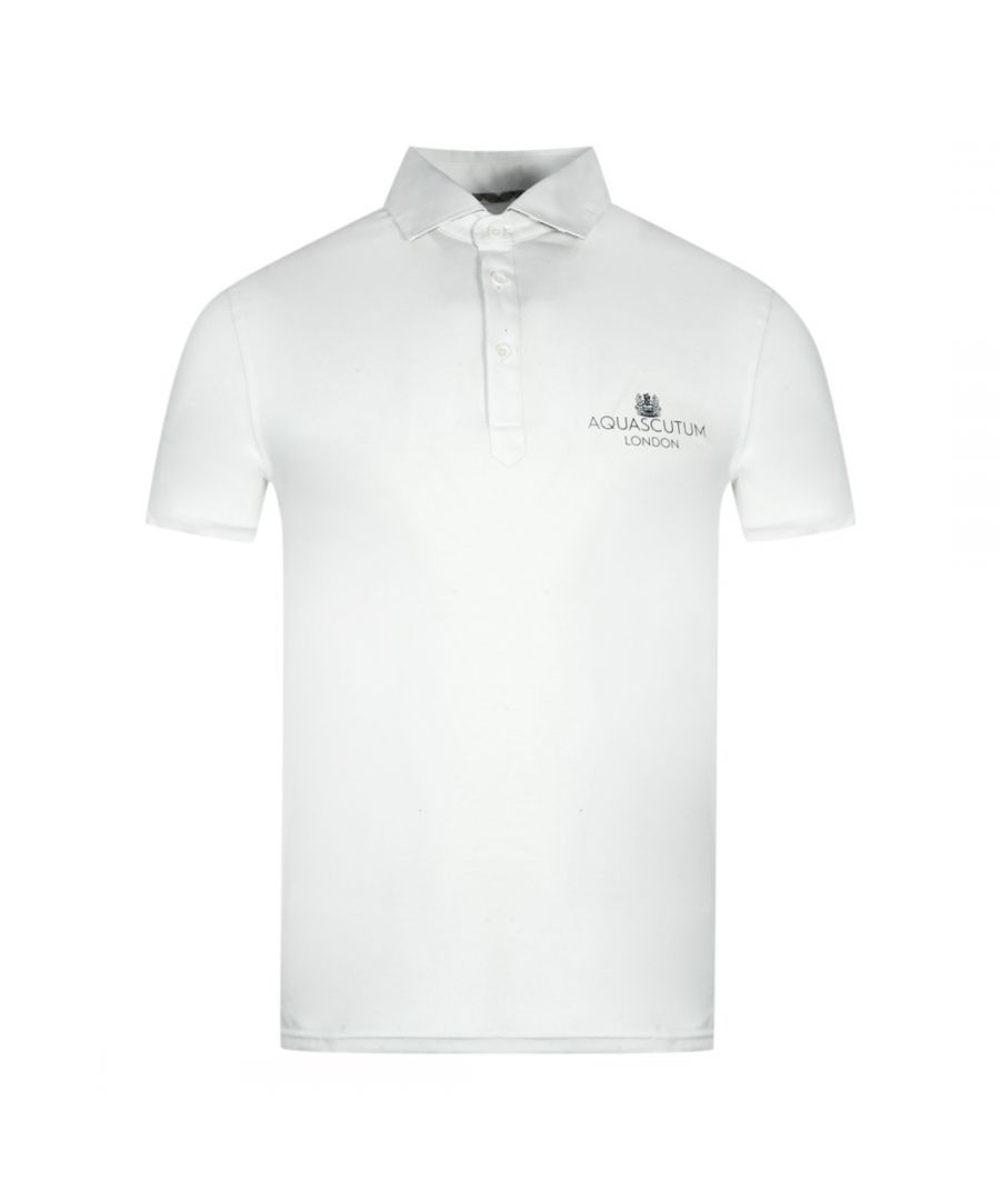 Aquascutum London Bold Logo White Polo Shirt. Aquascutum White Polo Shirt. Branded Logo, Short Sleeves. Stretch Fit 95% Cotton 5% Elastane. Regular Fit, Fits True To Size. Style Code: QMP041 01