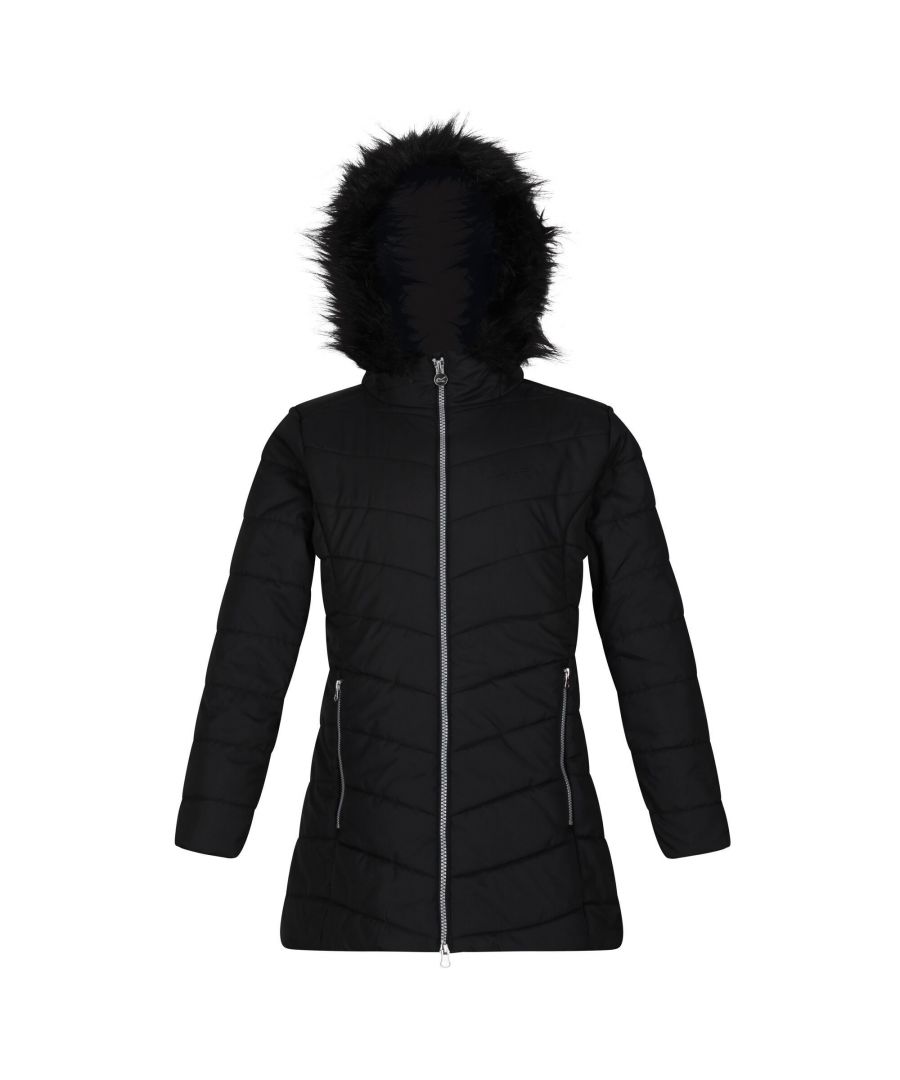 Material: 100% Polyester. Fabric: Baffled, Micro Poplin. Design: Logo. Fabric Technology: Insulating, Thermo-Guard, Water Repellent. Neckline: Hooded. Sleeve-Type: Long-Sleeved. Hood Features: Faux Fur Trim, Grown On Hood. Pockets: 2 Lower Pockets, Zip. Fastening: Two Way Zip.