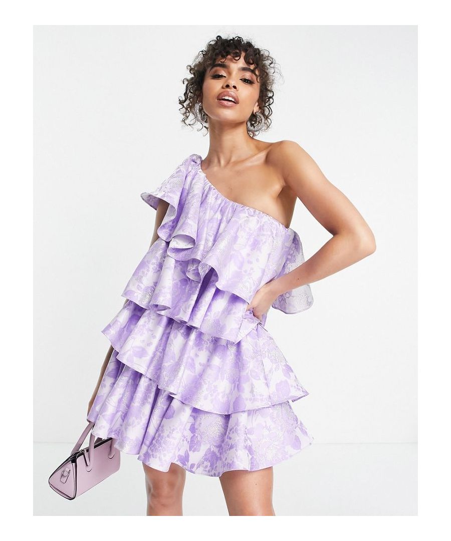 Mini dress by ASOS LUXE All dressed up Jacquard design One-shoulder style Ruffle details Regular fit  Sold By: Asos