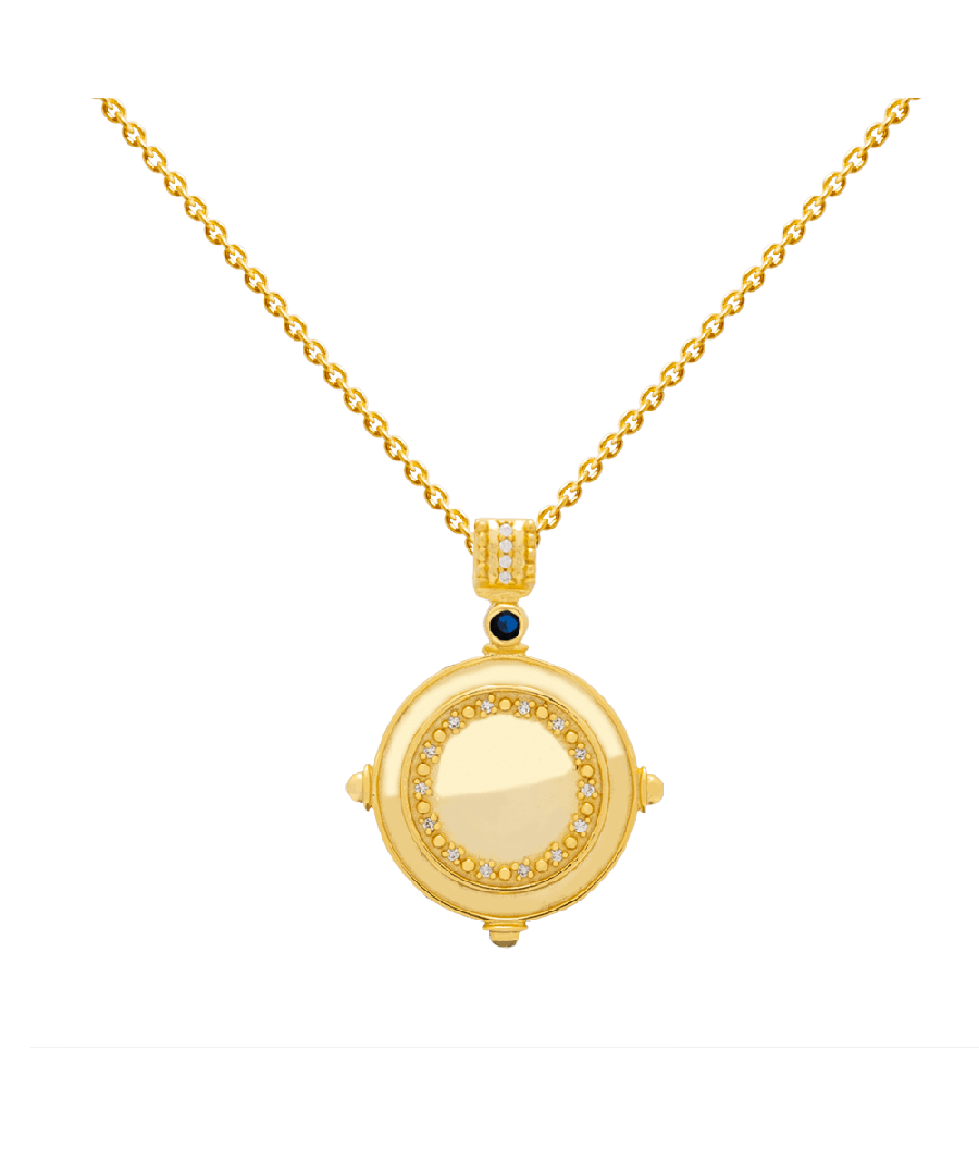 This Necklace in the form of a golden coin is decorated with white natural stones and a blue one. Join the layering trend with this Necklace with a coin-shaped medal and let it be the star of your looks.  Color: amber.\n Stone: amber.\n Composition: 24 carat gold.\n Hook closure.