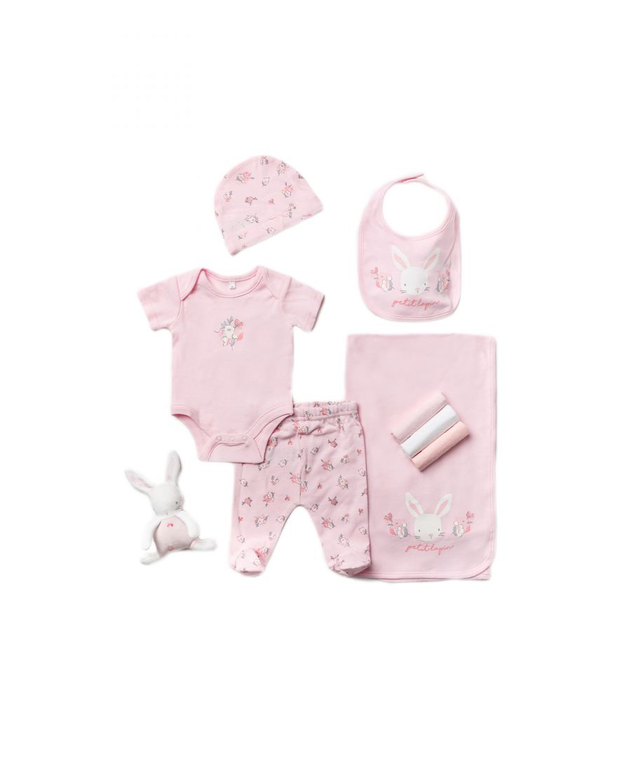 This Rock a Bye Baby Boutique ten-piece set features an adorable bunny theme print on each item. The set includes a pink bodysuit with a bunny motif, footed joggers and a hat, a hooded blanket, a matching bib, a cuddly bunny toy, and three washcloths. The set also comes with a matching gift tag, to add a personal touch. Each item in the set is cotton with popper fastenings. This set is the perfect gift set for the little one in your life.