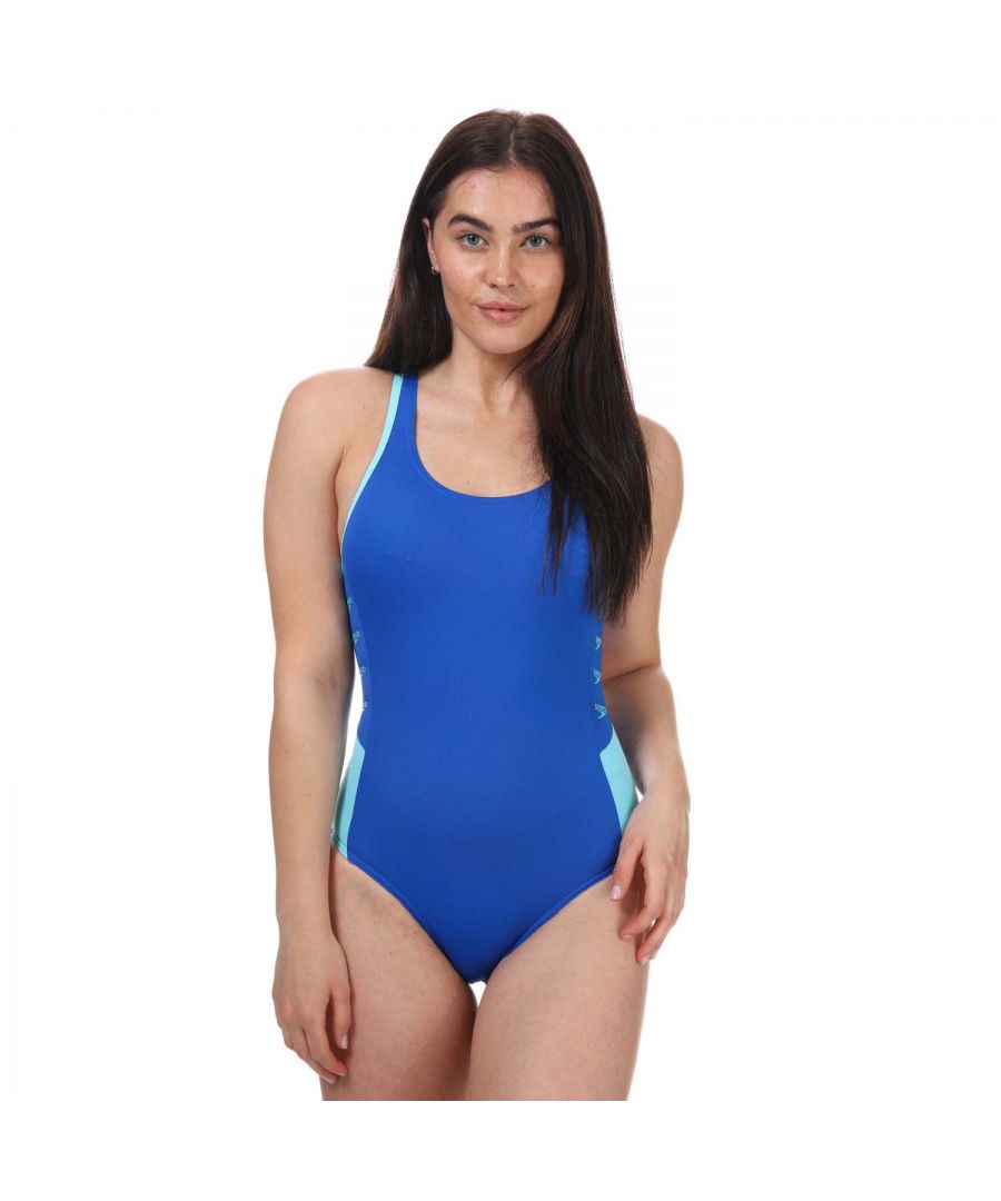 Womens Speedo Boom Logo Splice Muscleback Swimsuit in blue.Sporty and durable swimsuit  ideal for regular swimming and fitness training.- Endurance + fabric dries faster  is 100% chlorine resistant  and designed to last longer.- Scoop neck.- Muscleback design offers flexibility and freedom of movement  allowing you to train in comfort.- Contrast side panels featuring Speedo’s ‘Boom’ logo print.- Body: 53% Polyester  47% PBT Polyester.  Lining: 100% Polyester.  Machine washable.- Ref: 8-12900G008Please note that returns will only be accepted if the hygiene label is still attached to the product.