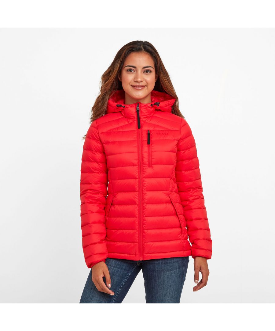 Perfect for adding a layer of warmth without any bulk, our Drax down filled womens jacket with adjustable hood is soft and silky to the touch, incredibly light and packs down small into a zip up inside pocket. You'll have no trouble finding room for it in your case when you go away, and it also makes a handy travel pillow. This padded jacket gets its incredible warmth from naturally insulating duck down that traps heat without being bulky. Sleek panelling and a grown on hood that hugs your neck creates a flattering fitted silhouette and it feels as good as it looks with details like a soft chin cover over the top of the zip. Designed to squish down really small, then spring back into shape, Drax has roomy side pockets protected by an elasticated flap, light elastic at the cuffs and small toggle adjusters at the hem keep the chill out. Designed in Yorkshire, where we always need layers, our Drax womens hooded jacket is ideal for wearing over a top when it's only a bit chilly or layering under a coat when the wind is howling. Reflecting our Spen Valley ethos of Truth Over Glory, it has a TOG24 logo proudly printed on the chest.
