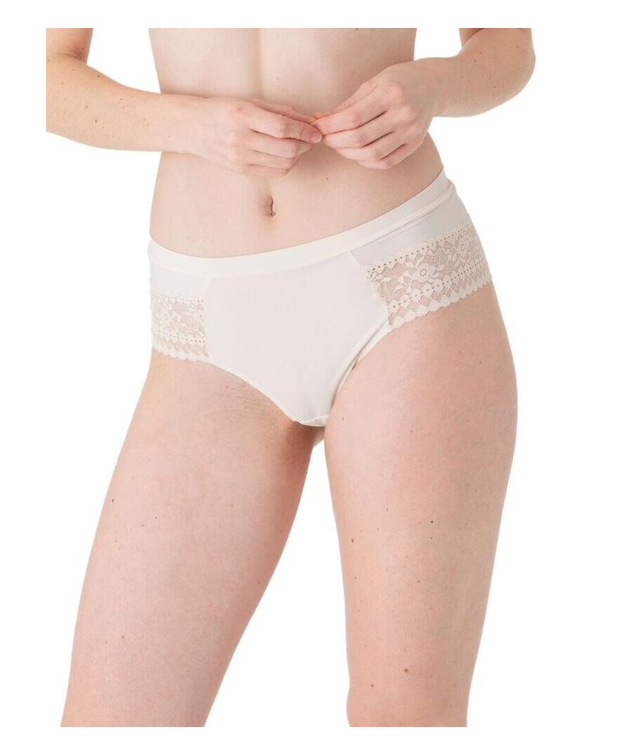 A classic everyday brief granted the ultimate feminine touch from Maison Lejaby's Daphne range. These super soft tanga briefs offer great all-day comfort with a mesh waist belt. It features graphic lace across the bottom and the hips, playing on a see-through effect. Match these briefs with the rest of the collection for the ultimate look!\n\nFeminine tanga style brief\nMesh waist belt for comfort\nGraphic Lace on the hips and bottom\nModerate rear coverage\nComposition: 68% Polyamide | 22% Elastane | 7% Cotton\nListed in UK sizes