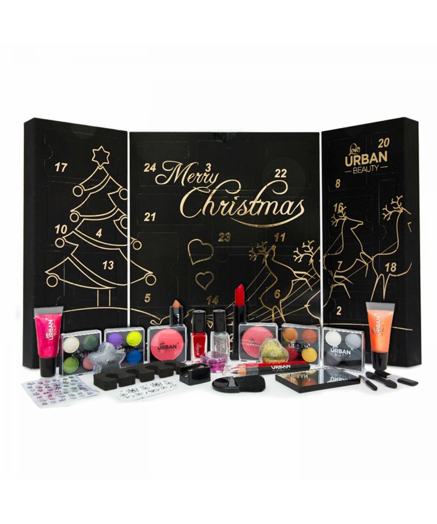 Love Urban Beauty Stylish Make-Up Advent Calendar Containing 24 Items.  Forget chocolates and have a delight of a beauty treat every day with this stylish make-up advent calendar containing 24 items. Everyone remembers the excitement of the Festive Season, waking up every morning and opening up your advent calendar, and counting down the day until Christmas finally arrives. But who says that the fun has to stop? This Cosmetic Advent Calendar by Love Urban Beauty is the perfect way to get your festive spirit going, with 24 Days worth of fresh and exciting cosmetics and applicators stored within. Ideal for makeup fans of all ages, but especially those just starting to create their own collections, this Calendar gives you everything you need to create a stylish new Christmas look, whilst also giving the grown-ups something to look forward to until the big day comes!\n \nProduct Features : \nA new item of make-up behind each of the 24 doors of this advent calendar!\nLovely surprise from the 1st of December, all the way until Christmas Eve.\nLipsticks, nail varnish, eye shadow, nail applique stickers, and more!\nCalendar stands on its own thanks to its fold-out design.\nPETA Certified as Cruelty-Free.\n\nBox Includes:\n4 x Eyeshadow Quads\n2 x Blushers\n2 x Lipsticks\n2 x Lipgloss Tubes\n2 x Nail Polish\n1 x Eye Pencil\n1 x Lip Pencil\nAnd a range of applicators and tools!