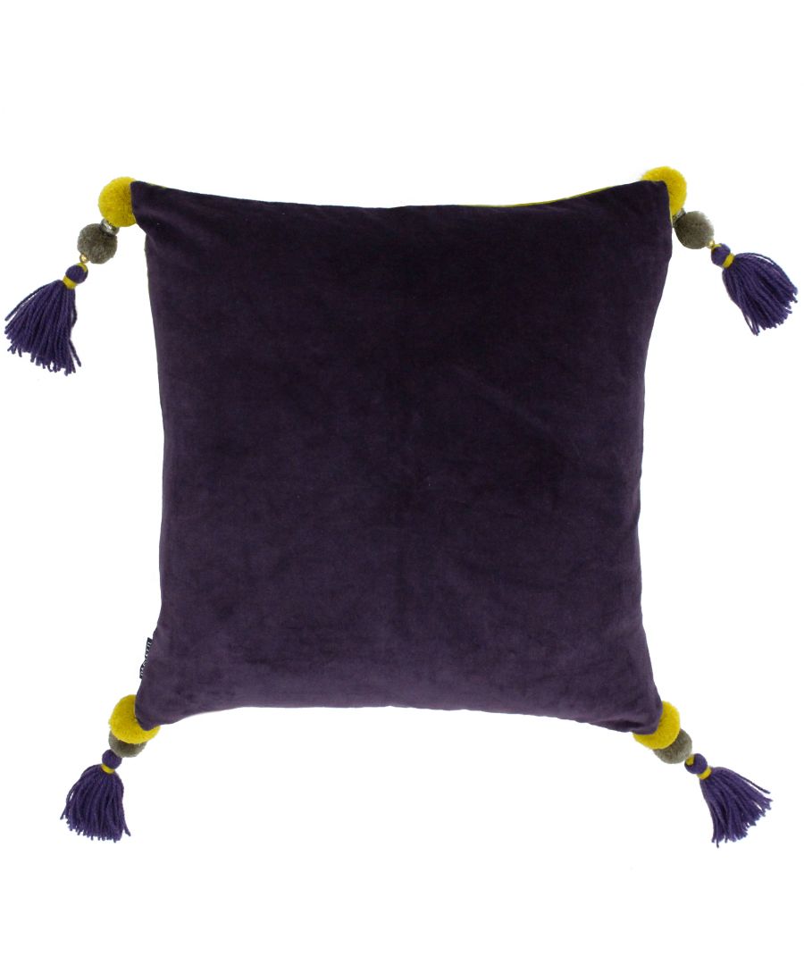 Paoletti Poonam Velvet Tasselled Feather Filled Cushion - Purple Cotton - One Size
