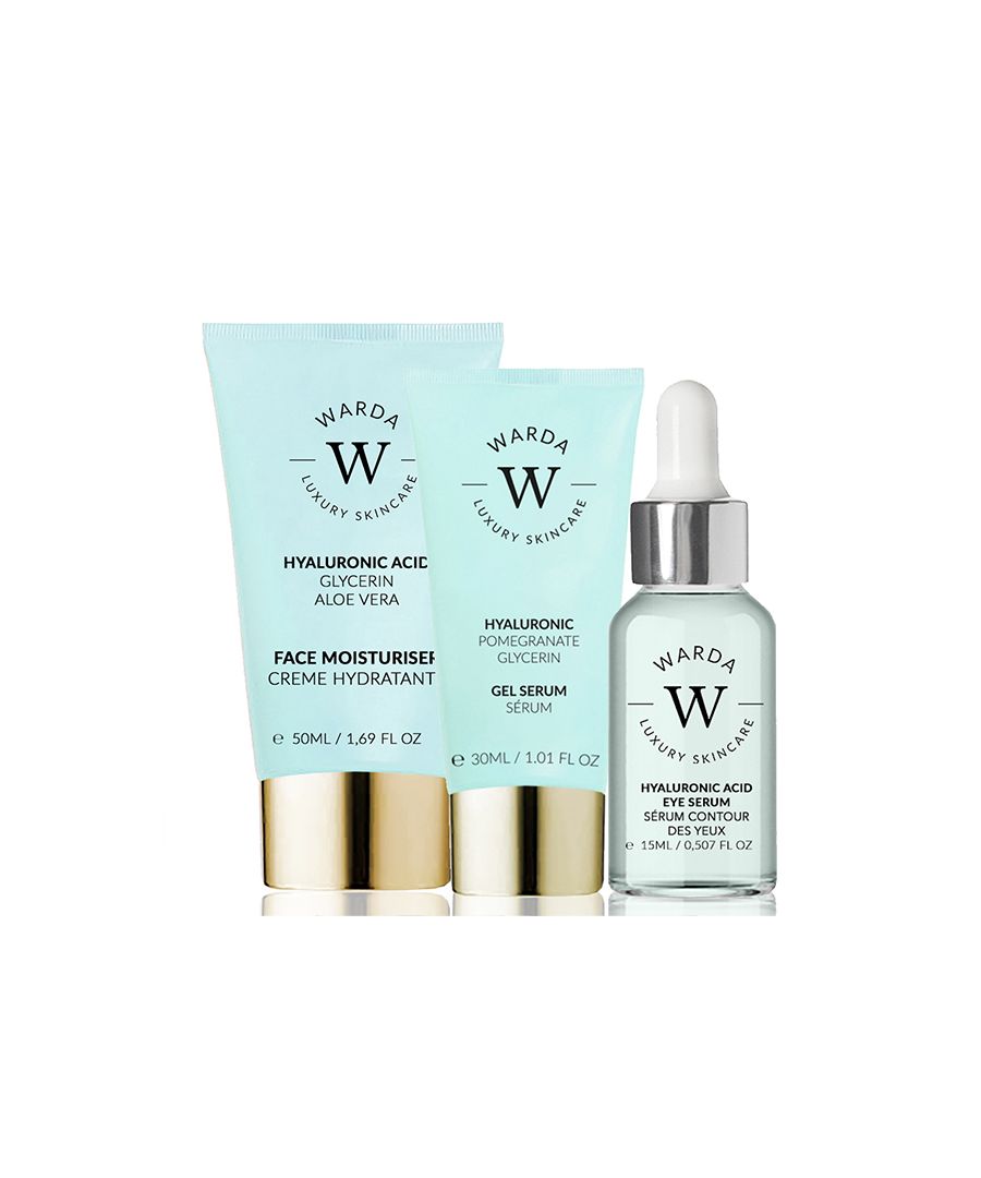 Skin Hydration Boost Hyaluronic Acid Moisturiser 50ml + Skin Hydration Boost Hyaluronic Acid Eye Serum 15ml + Skin Hydration Boost Hyaluronic Acid Gel Serum 30ml.\n\nTreat skin to the hydrating, anti-ageing and smoothing properties of SKIN HYDRATION BOOST HYALURONIC ACID GEL SERUM, a lightweight gel face serum that helps to prevent dehydration lines, and over all skin dryness. The serum contains hyaluronic acid, glycerin, castor oil pomegranate extract.
