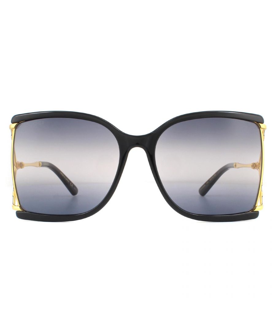 Gucci Sunglasses GG0592S 002 Black Gold Smoke Grey Gradientare a distinctive design with enamelled bamboo style temples and oversized square lenses with outer edge cut out detailing.