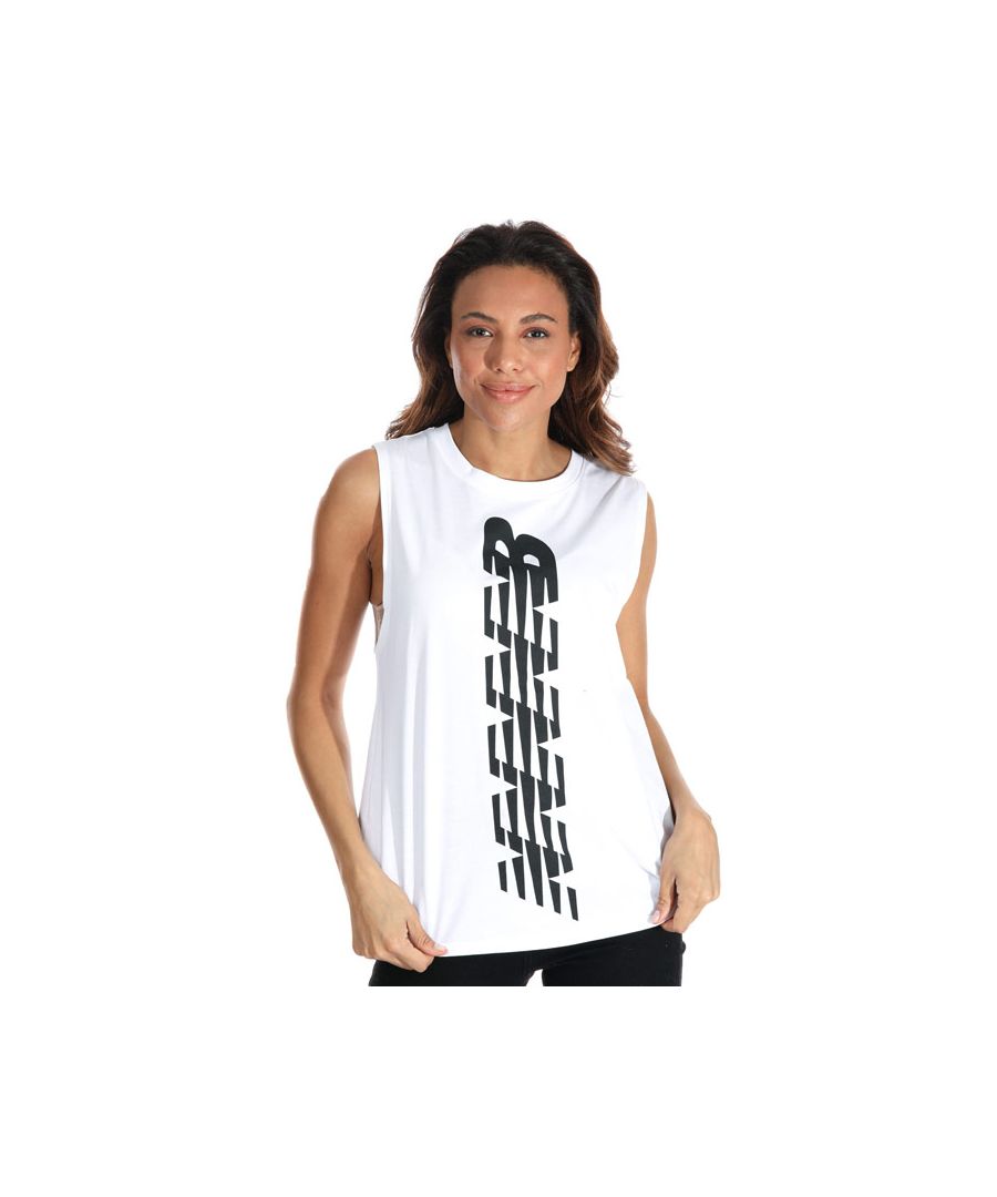 New Balance Womenss Relentless Cinched Back Graphic Tank Top in White Cotton - Size 2 UK