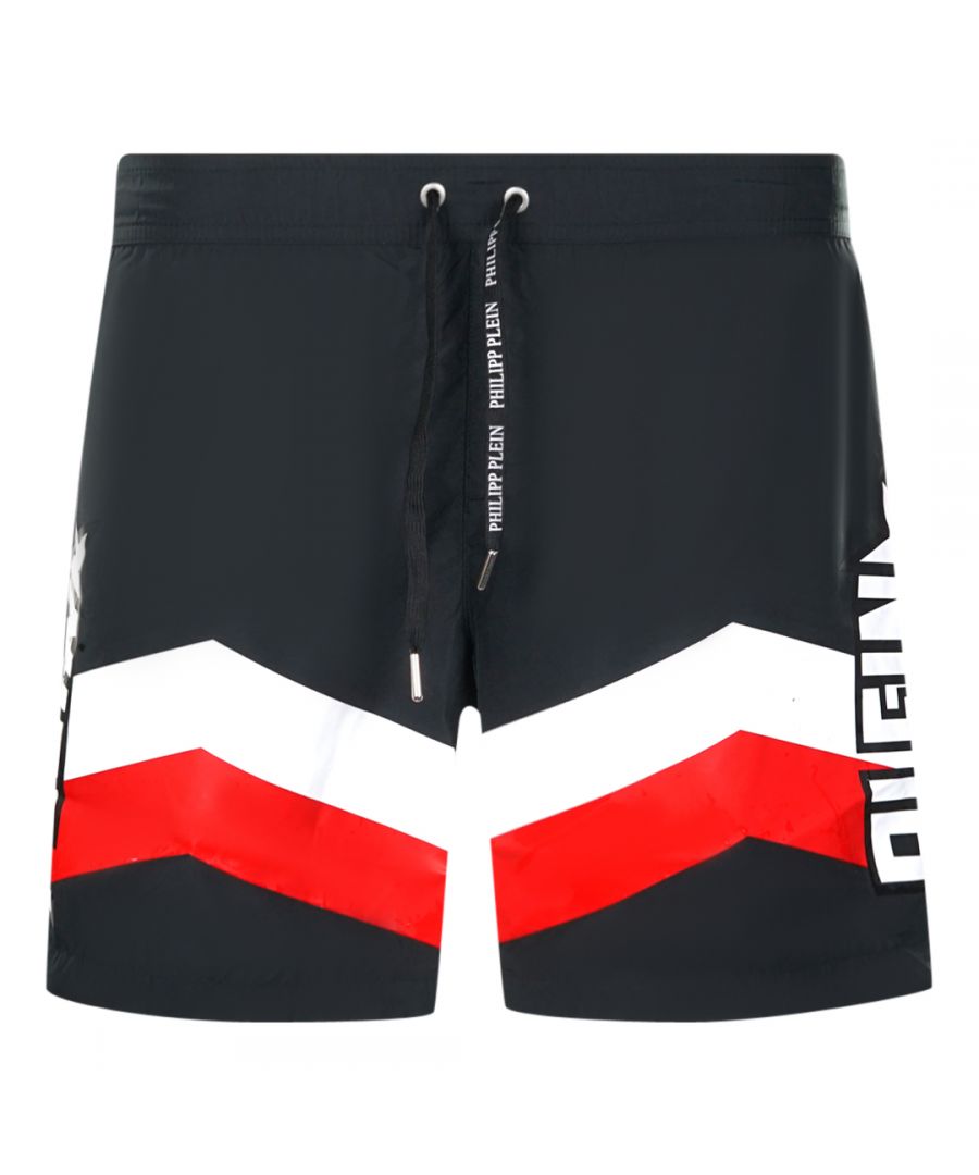 Philipp Plein Mens Diag Logo Long Black Swim Shorts - Size Medium