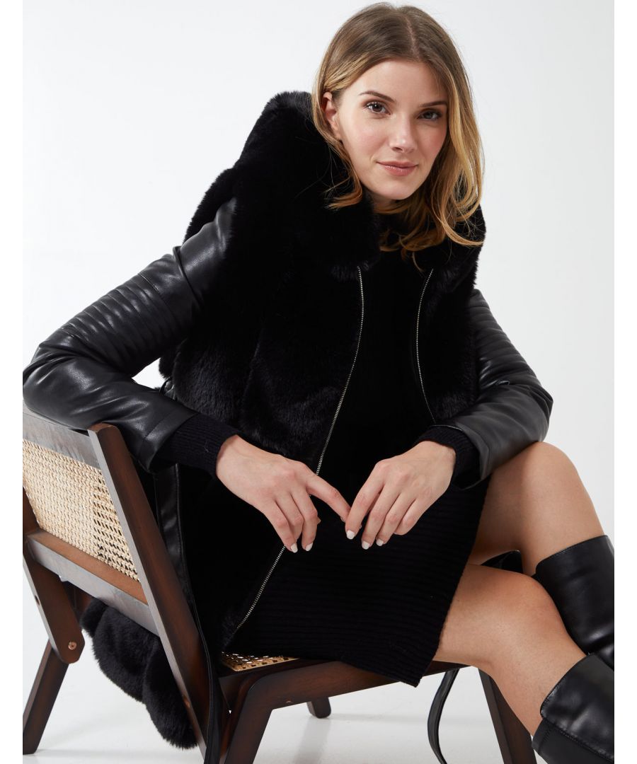 Indulge yourself in this luxurious feeling coat. This beauty is lined with faux fur front and imitation of leather sleeves. Look classy this chilly season pairing this coat with your most glamorous boots!, \n97% Polyester, 3% Elastane, Dry clean only, , Long sleeve, Approx length 71 cm , Front zip fastened