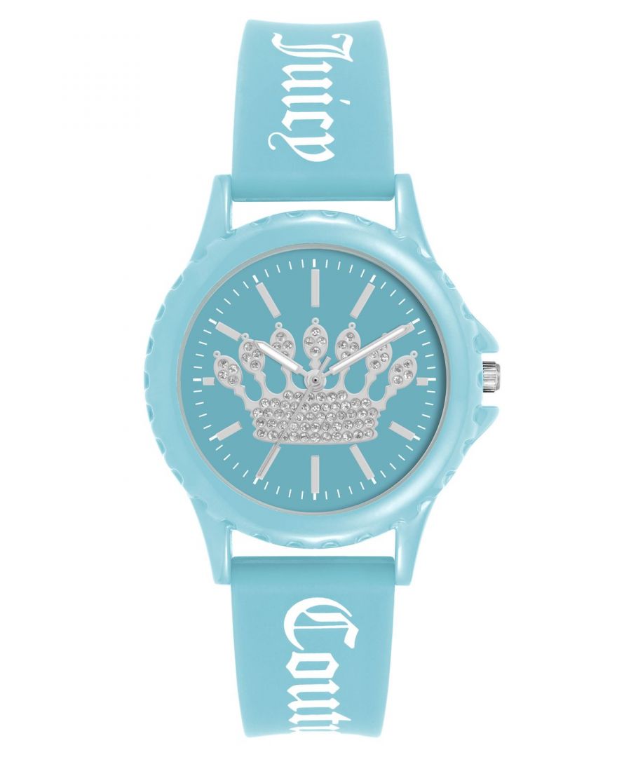 Juicy Couture Watch JC/1325LBLB\nGender: Women\nMain color: Blue\nClockwork: Quartz: Battery\nDisplay format: Analog\nWater resistance: 0 ATM\nClosure: Pin Buckle\nFunctions: No Extra Function\nCase color: Blue\nCase material: Metal\nCase width: 38\nCase length: 38\nFacing: Rhine Stone\nWristband color: Blue\nWristband material: Silicon/Rubber\nStrap connecting width: 18\nWrist circumference (max.): 21.5\nShipment includes: Watch box\nStyle: Fashion\nCase height: 9\nGlass: Mineral Glass\nDisplay color: Blue\nPower reserve: No automatic\nbezel: none\nWatches Extra: None