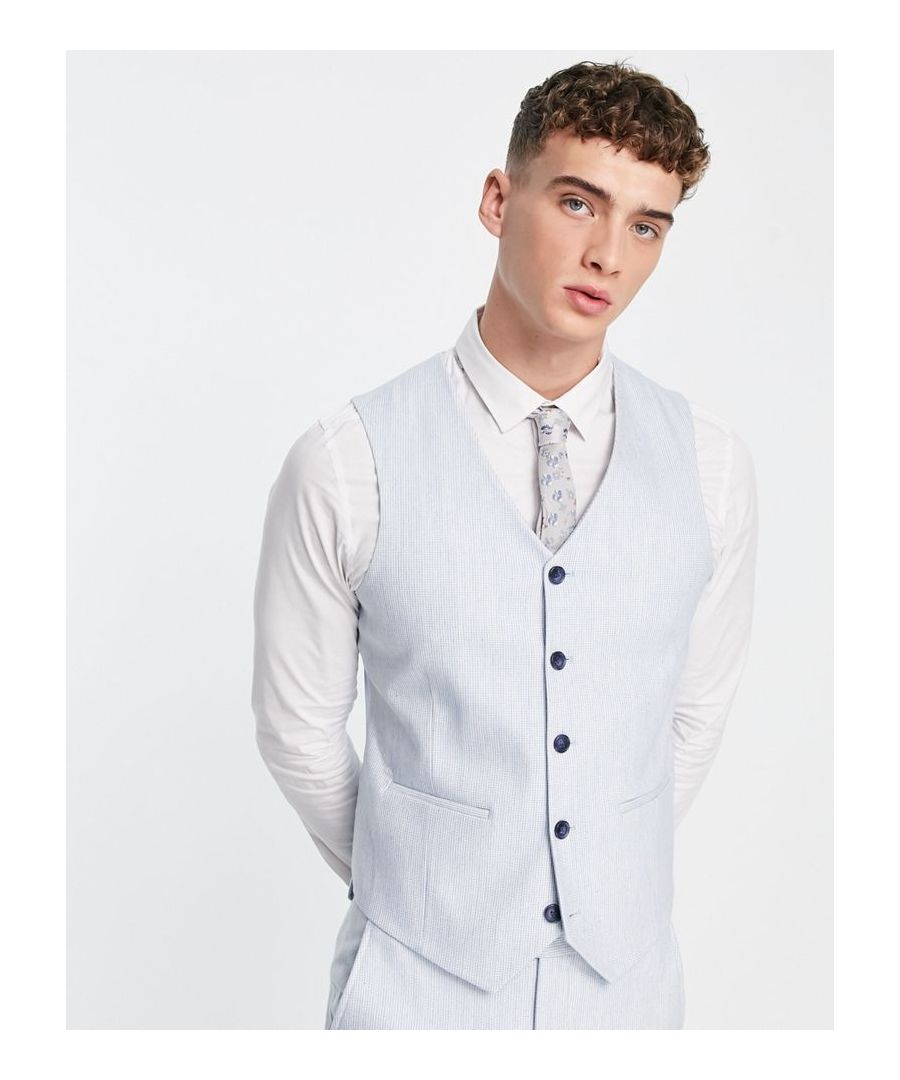 Suits by ASOS DESIGN Do the smart thing V-neck Button placket Contrast back with an adjustable cinch Super-skinny fit  Sold By: Asos