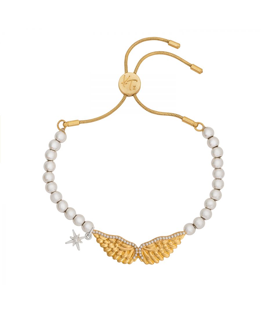 This friendship bracelet is the perfect symbol of protection and a guiding light, featuring a beautiful set of Angel Wings and shining silver North Star charm. It's an ideal gift for someone you love in these tricky times, with 'I've got you' engraved onto the reverse side of the wings. The Guardian Angel friendship bracelet is gold and silver plated with delicate faux-pearls. A stylish, sentimental statement with boho summer vibes. 25 cm circumference with adjustable slider.  Presented in a stylish KTx jewellery pouch.