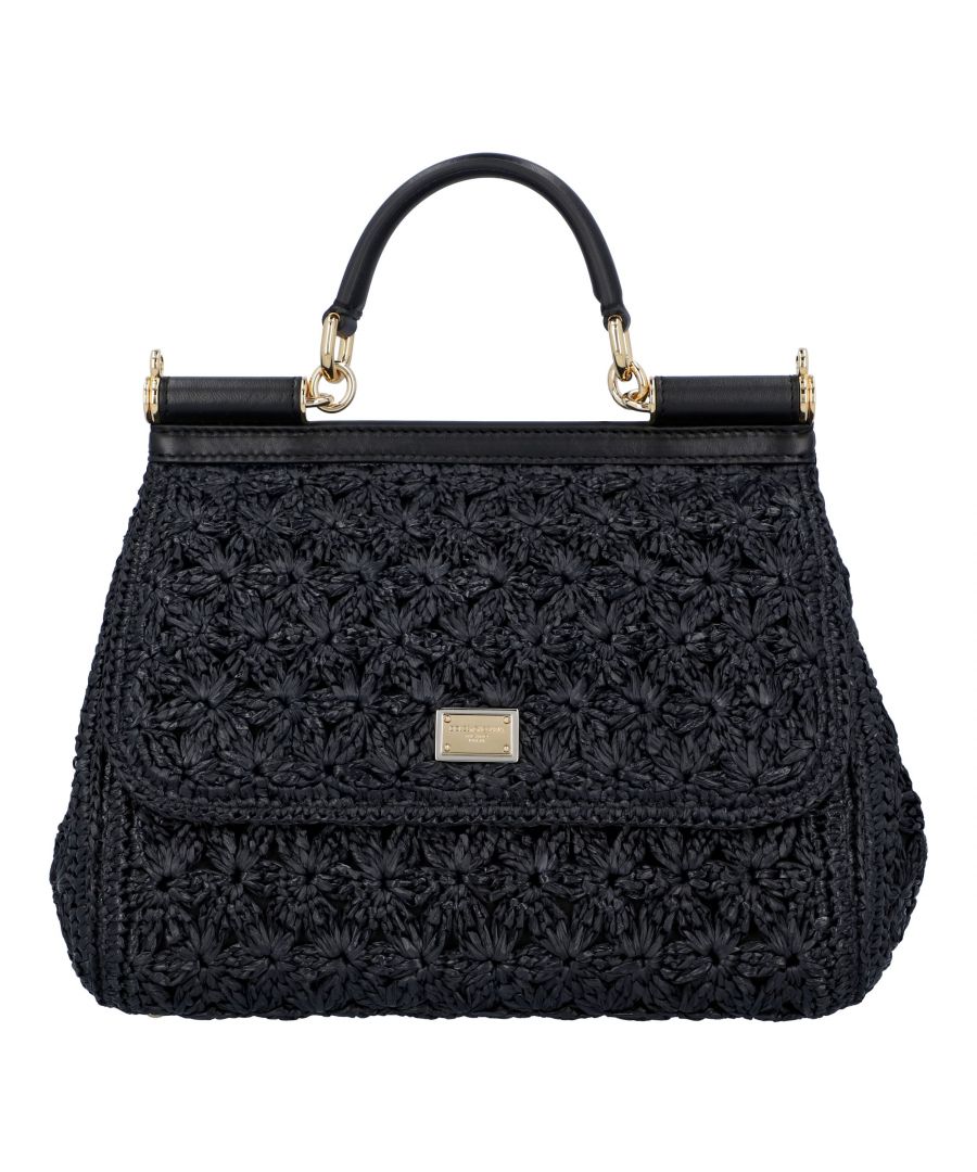 Sicily' raffia handbag with lamb leather finishes, front logo, flap and removable shoulder strap.