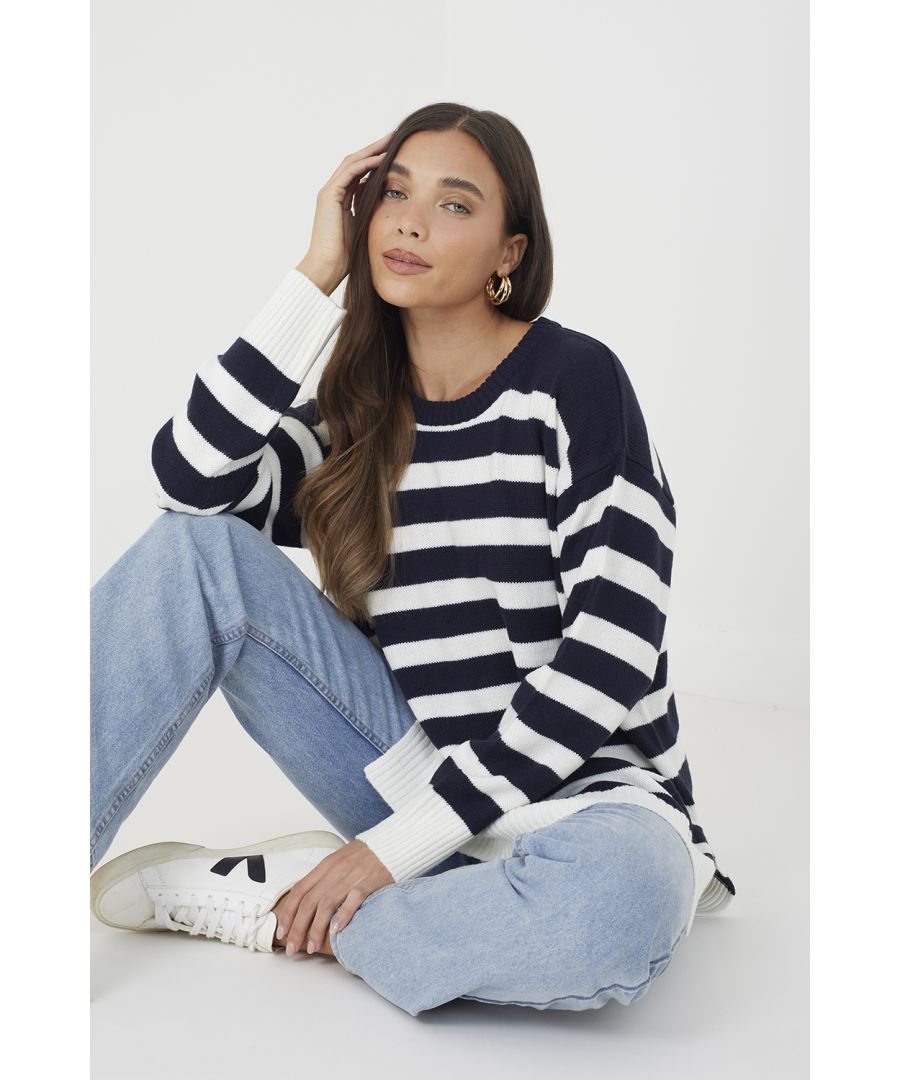 Brave Soul Womens Dark Navy 'Greyson' Fine Stripe Oversized Knitted Jumper - Size Medium