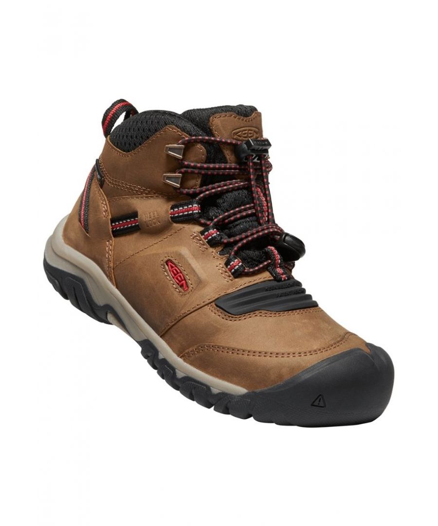 What if every step could feel easier on family backpacking trips and longer day hikes? Now everyone in the family can benefit from Keen’s built-in flex design. Keen Ridge Flex Waterproof Hiking Boot for kids pairs the trusted fit of their iconic hiker with the new KEEN.BELLOWS FLEX technology that reduces the energy each step takes — giving kids hiking boot support without the stiffness. Flex easier, hike happier, go farther.\n\nFEATURES\nFlexes Easier: KEEN.BELLOWS FLEX requires less energy to bend, so each step feels easier.\nMore Durable: Bends where other boots crack and weaken over time.\nVentilation ports add breathability and help shed water\nAll Year, All Conditions: Featuring KEEN.DRY waterproof protection and a super-confident lugged outsole with KEEN.ALL-TERRAIN traction.\nEco Anti-Odour for natural odour control\nEnvironmentally preferred premium leather from LWG-certified tannery\nPFC-free, durable water repellent\nMATERIALS\nWaterproof, premium leather upper for durable protection against the elements\n\nHigher-traction rubber outsole\n\nBreathable mesh lining\n\nRemovable PU insole for long-lasting comfort