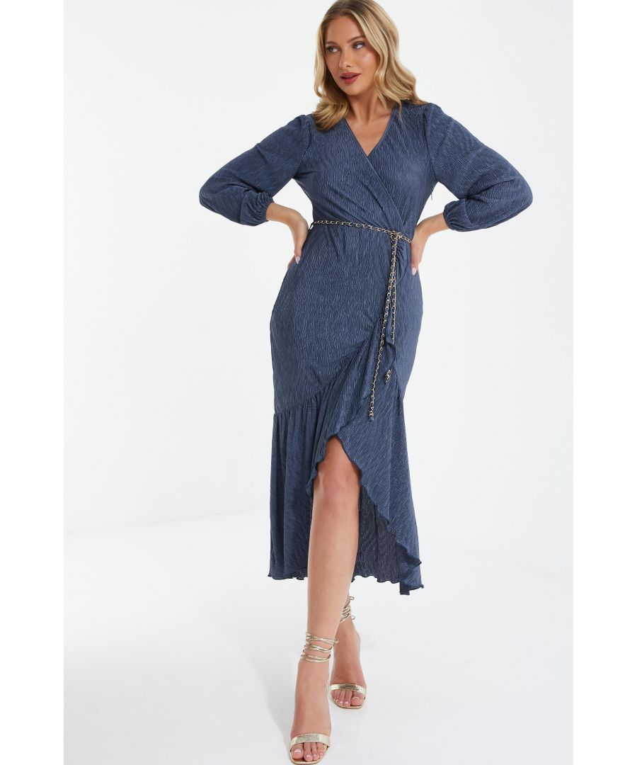 Quiz Womens Blue Textured Long Sleeve Midi Dress - Size 12 UK