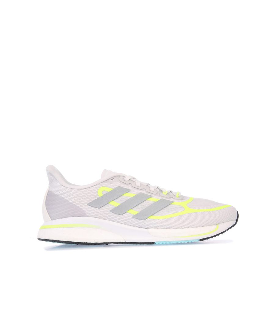Womens adidas Supernova + Running Shoes in grey yellow.- Engineered mesh upper.- Lace closure.- Regular fit.- Seamless stretchy feel.- Reflective elements.- Linear and lateral support.- Boost and Bounce midsole.- StretchWeb Outsole.- Textile and Synthetic upper  Textile lining  Synthetic sole.- Ref: FX6699