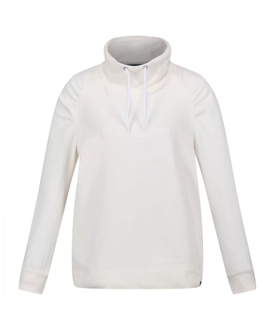 Material: 90% Polyester, 10% Elastane. Fabric: Fleece, Soft Touch, Stretch. 280gsm. Design: Logo. Fabric Technology: Durable, Hardwearing. Hem: Elasticated. Gathered Front. Neckline: Drawcord, Slouch, Standing Collar. Cuff: Elasticated. Sleeve-Type: Long-Sleeved, Raglan. Fastening: Pull Over.