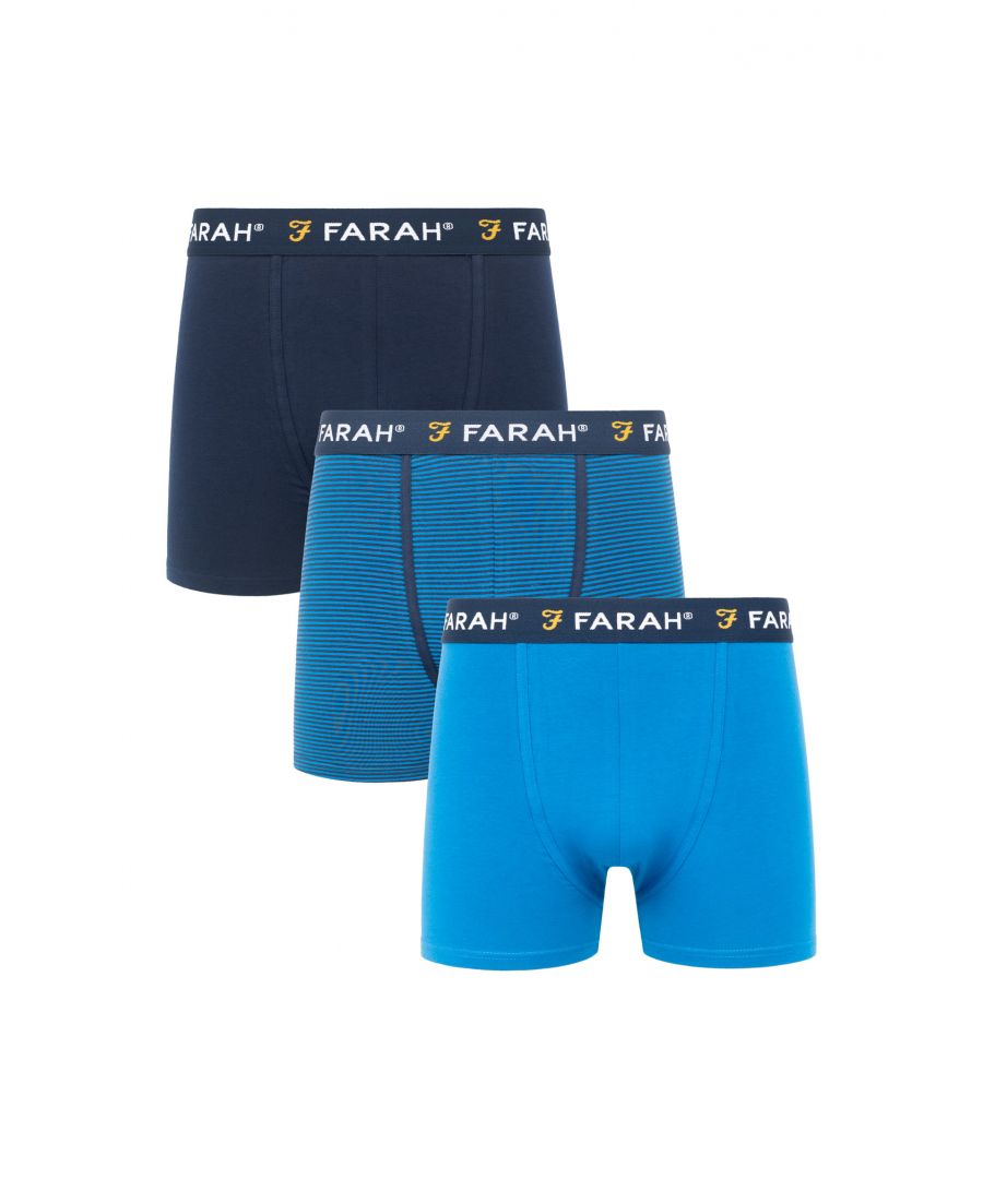 Update your wardrobe essentials with this 3-pack of 'Groves' boxers from Farah. Made from Cotton Blend fabric for breathable and comfortable wear all-day. The boxers have a repeat-logo elasticated waistband. Available in other colours.