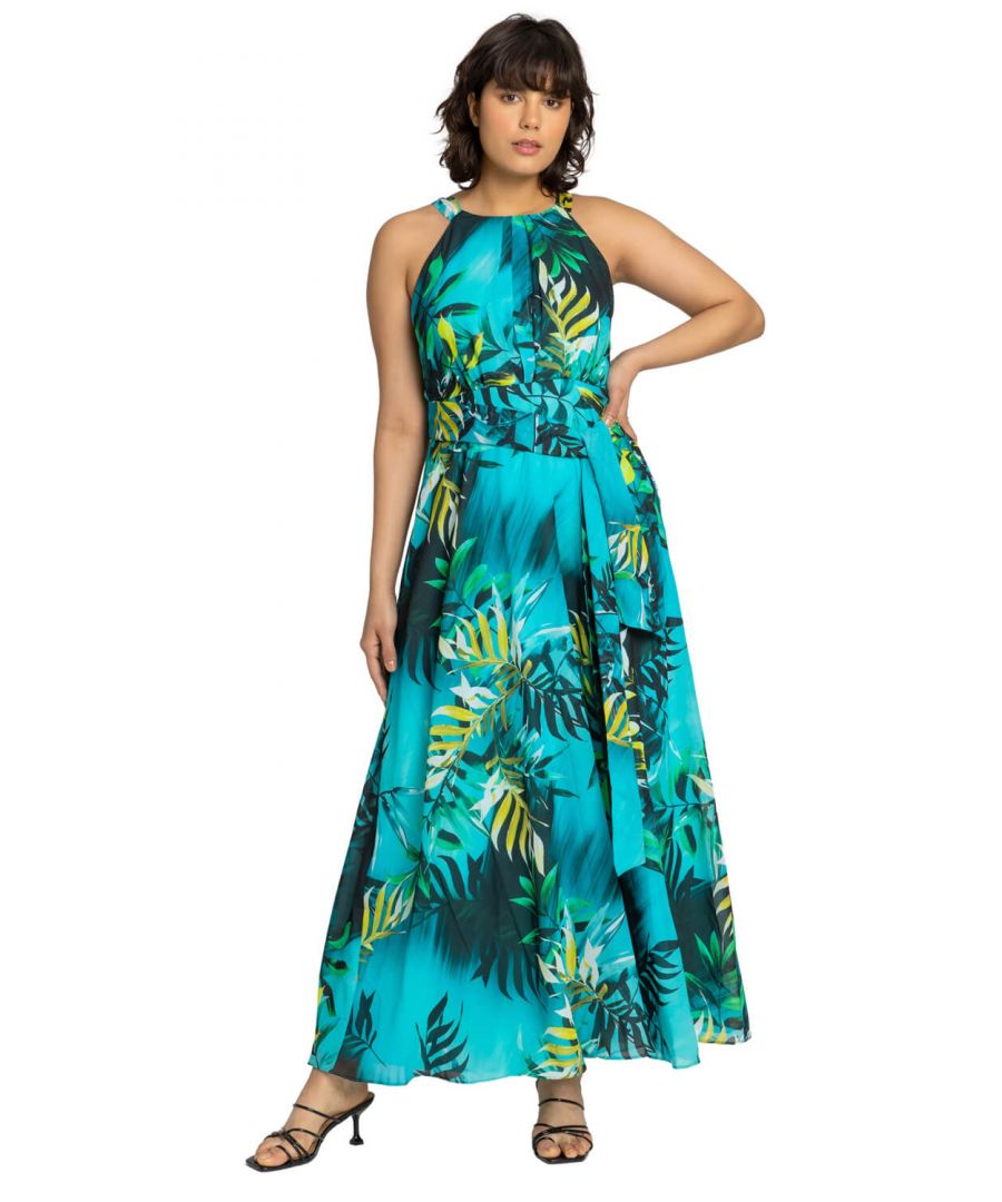 Roman Women's Tropical Print Maxi Dress|Size: 10|aqua