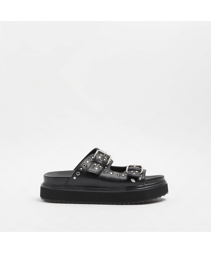 > Brand: River Island> Department: Women> Colour: Black> Type: Sandal> Style: Flip-Flop> Material Composition: Upper: Polyester, Sole: PU> Material: Polyester> Upper Material: Polyester> Pattern: No Pattern> Occasion: Casual> Season: AW22> Closure: Slip On> Shoe Width: Standard> Heel Style: Flat