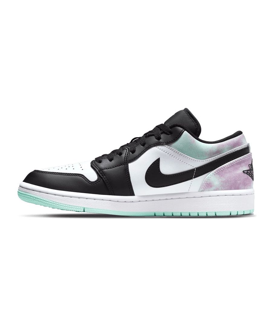 This offering of the Air Jordan 1 Low arrives in a “Black Toe” blocking featuring a White leather base with Black leather overlays. Highlighting the shoe is the tie-dye overlays in the rear. A White midsole atop a Mint Green rubber outsole completes the design.