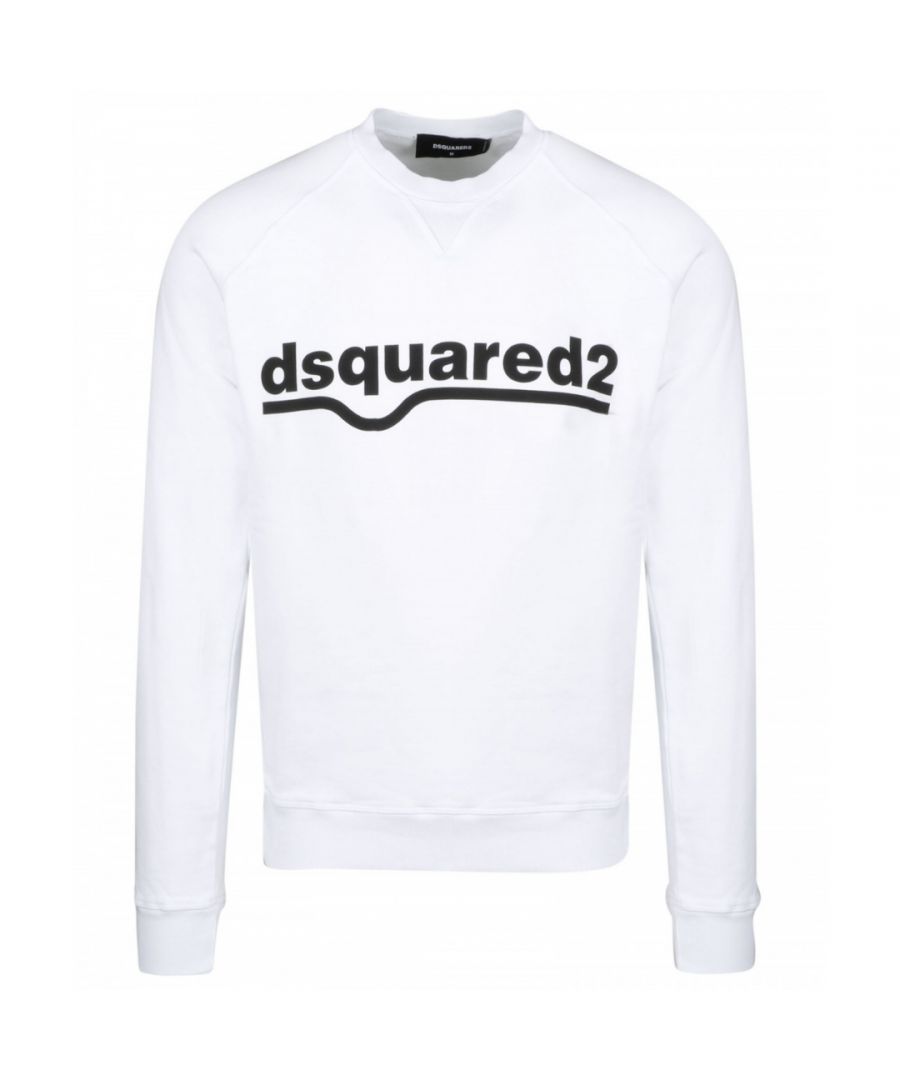 Dsquared2 klassieke witte sweater met raglanpasvorm en logo. Dsquared2 witte trui. 100% katoen, gemaakt in Italië. Elastische hals, mouwuiteinden en onderkant. Grote logoprint. Stijlcode: S74GU0460 S25030 100