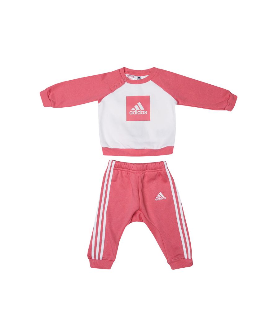 Baby adidas 3- Stripes Fleece Jogger Set in rose.-Sweatshirt:- Ribbed crewneck with snap closure.- Long sleeves.- Ribbed cuffs and hem.- Regular fit.- Main material: 70% Cotton  30% Polyester (Recycled).  Machine washable.- Pants: - Elasticated waist with inner drawcord.- Gusseted drop crotch.- Ribbed cuffs.- Iconic adidas 3-Stripes branding.- Regular fit.- Main material: 70% Cotton  30% Polyester (Recycled).  Machine washable. - Ref: GM8974B