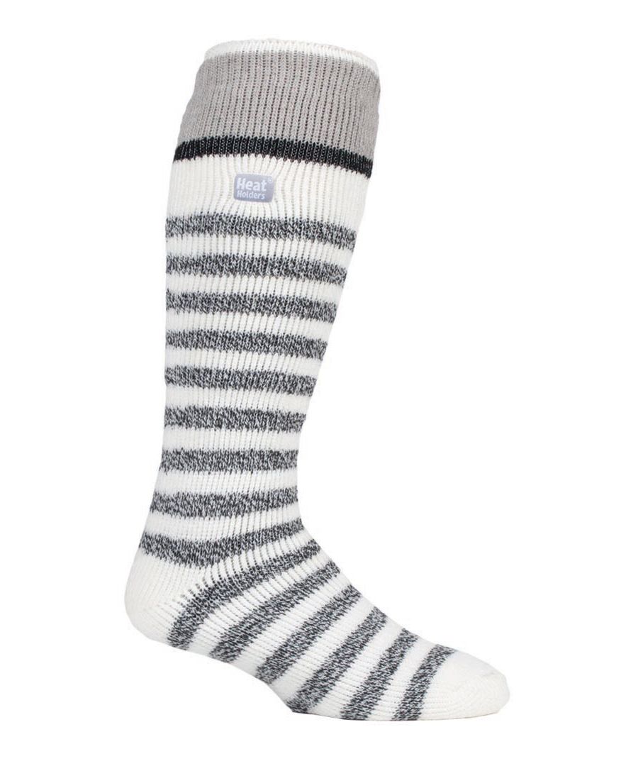 Heat Holders Mens Long Knee High Striped Ski Socks - Cream Nylon - Size UK 6-11