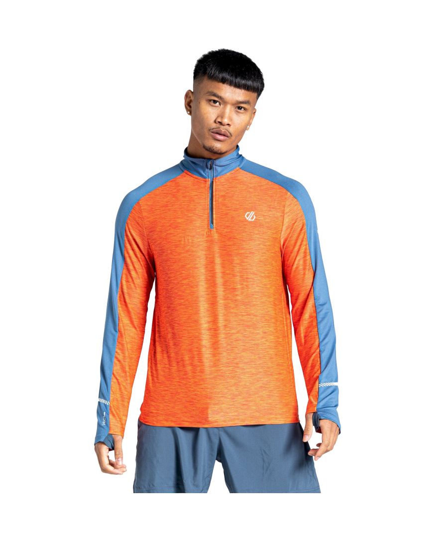 91% Polyester, 9% Elastane. Fabric: Q-Wic. Design: Contrast, Heathered, Logo. Pockets: Small Key Pocket. Fastening: Half Zip, Pull Over. Sleeve-Type: Long-Sleeved. Neckline: Standing Collar. Fabric Technology: Biomotion Reflective Technology, Vect Cool. Lightweight, Thumb Loops.