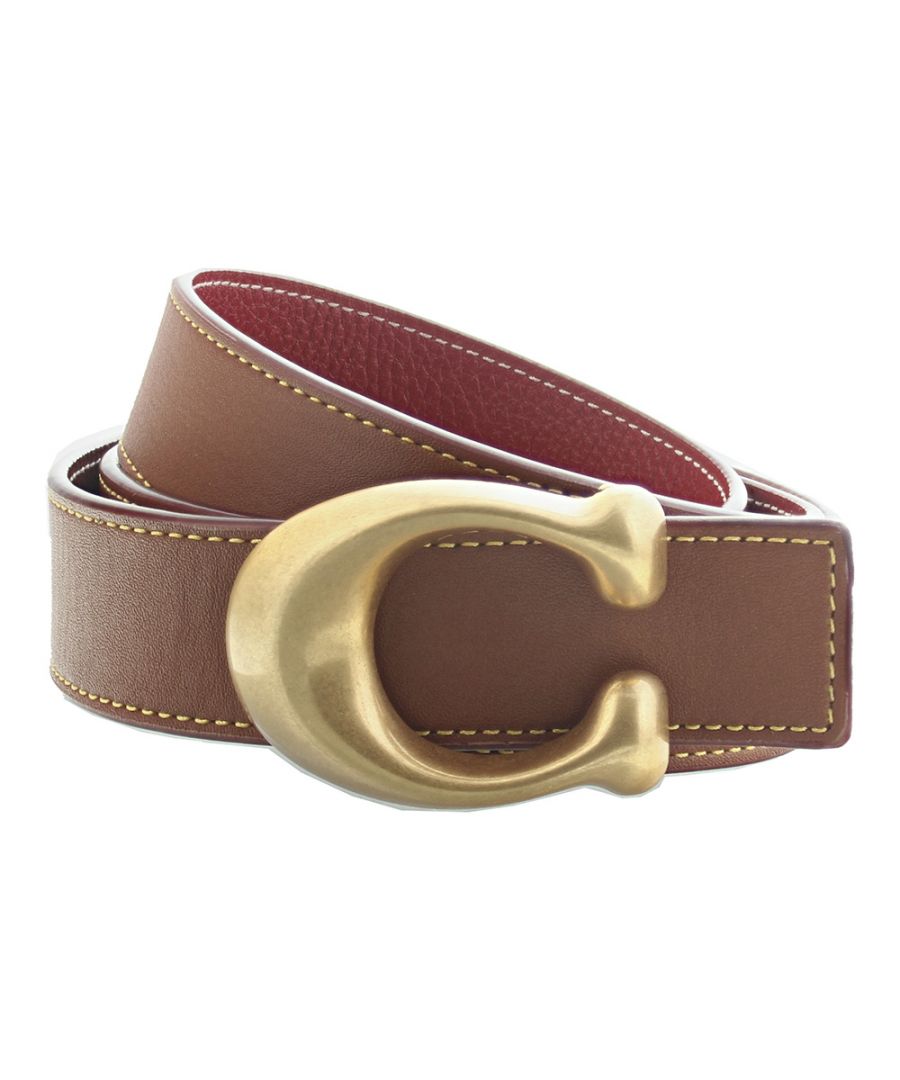 Coach Brown Leather Belt featuring iconic coach buckle has been crafted from smooth tanned leather which is reversable to a red pebble textured finish for two great looks. Wear it as a hip or waist belt
