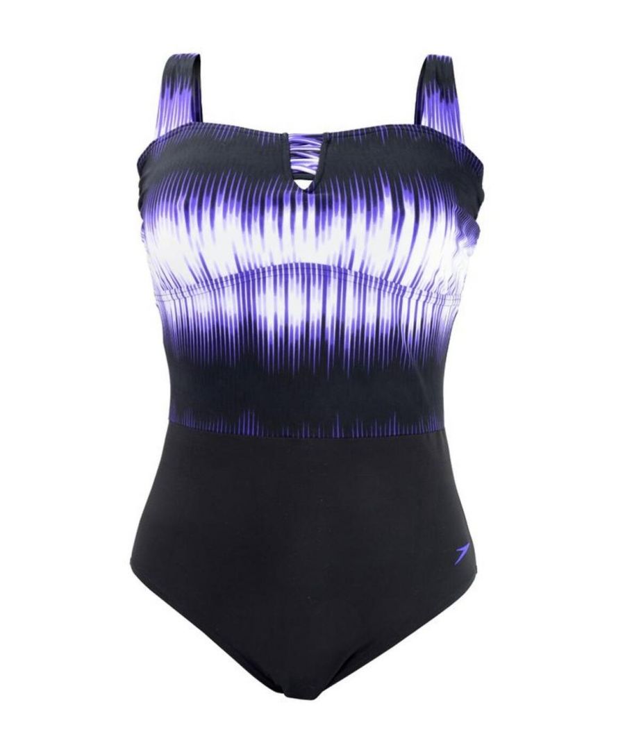 Feel confident wearing this LunaDream swimsuit by Speedo. Featuring Speedo's innovative control fabric to help provide comfort and support for a flattering and sculptured effect. Crafted from lightweight Xtra Life LYCRA fabric that is ultra chlorine-resistant and retains its shape after use. The intelligent cut and design provide excellent tummy control and an all-over body shaping effect whilst the invisible bust support allows for medium hold. Finished off with adjustable straps for an individual fit. Update your Speedo collection with this flattering swimsuit!\n\nSophisticated and figure-flattering design\nBeautifully contrasting block colours to accentuate the figure\nSuper lightweight and durable fabric\nComfortable and contemporary fit and feel\nCreates a stunning hourglass silhouette\nHidden bust support\nAdjustable straps for individual fit and security\nPopular bandeau neckline style to accentuate and enhance smaller bust sizes\nFeatures Xtra Life LYCRA fabric to feel newer for longer\nComposition: 100% Polyamide\n\nListed in UK sizes