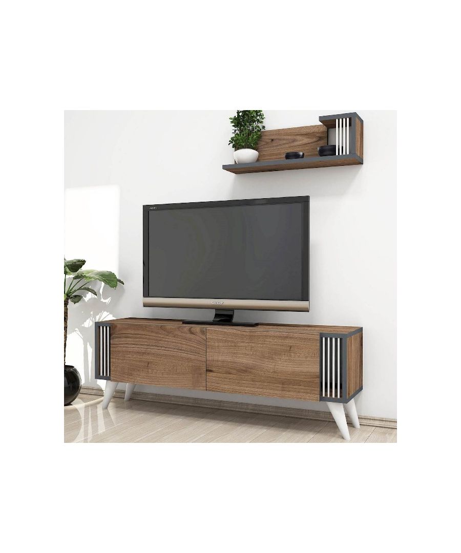 This stylish and functional TV cabinet is the perfect solution for television and all digital devices. Suitable for keeping accessories in order. Thanks to its design it is ideal for the living area. Easy-to-clean and easy-to-assemble assembly kit included. Color: Walnut | Product Dimensions: TV Stand W120xD31xH42 cm, Upper Unit W60xD15xH18,6 cm | Material: Melamine Chipboard, PVC | Product Weight: 18,5 Kg | Supported Weight: 15 Kg | Packaging Weight: W130xD38xH10 cm Kg | Number of Boxes: 1 | Packaging Dimensions: W130xD38xH10 cm.