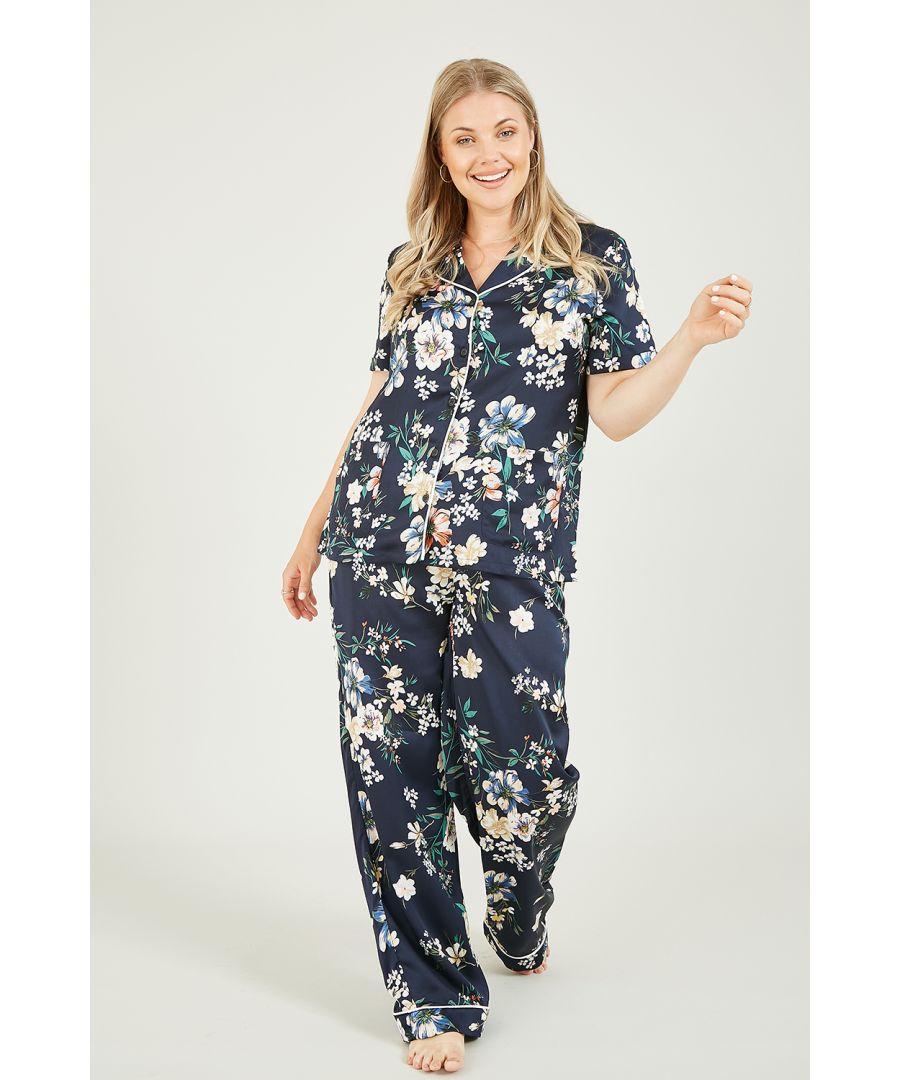 Image for Yumi Plus Size Navy Floral Satin Pyjamas With Contrast