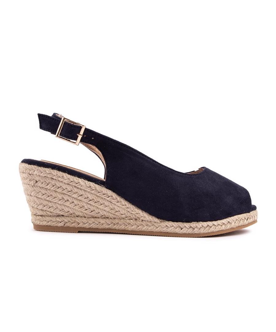 Polish Off Your Summer Style With This Comfy Wedge Sandal-meets-pump From Solesister. The Espadrille Jute Wedge Heel Is Paired With A Dark Blue Upper Showcasing An Adjustable Ankle Strap, Peep Toe And A Wider Fit. The Perfect Addition To Your Warmer Weather Looks.