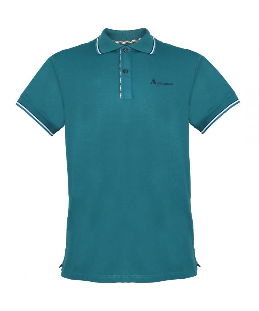 Aquascutum Tipped Collar Green Polo Shirt. Branded Logo, Short Sleeves. Stretch Fit 95% Cotton 5% Elastane. Regular Fit, Fits True To Size. QMP028 32